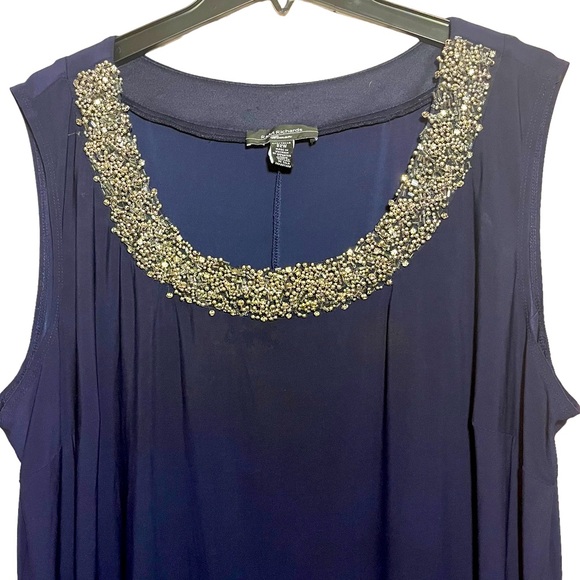 R & M Richards Mother of Bride Navy Blue Short Dress with Silver Beaded Neckline - Picture 8 of 9